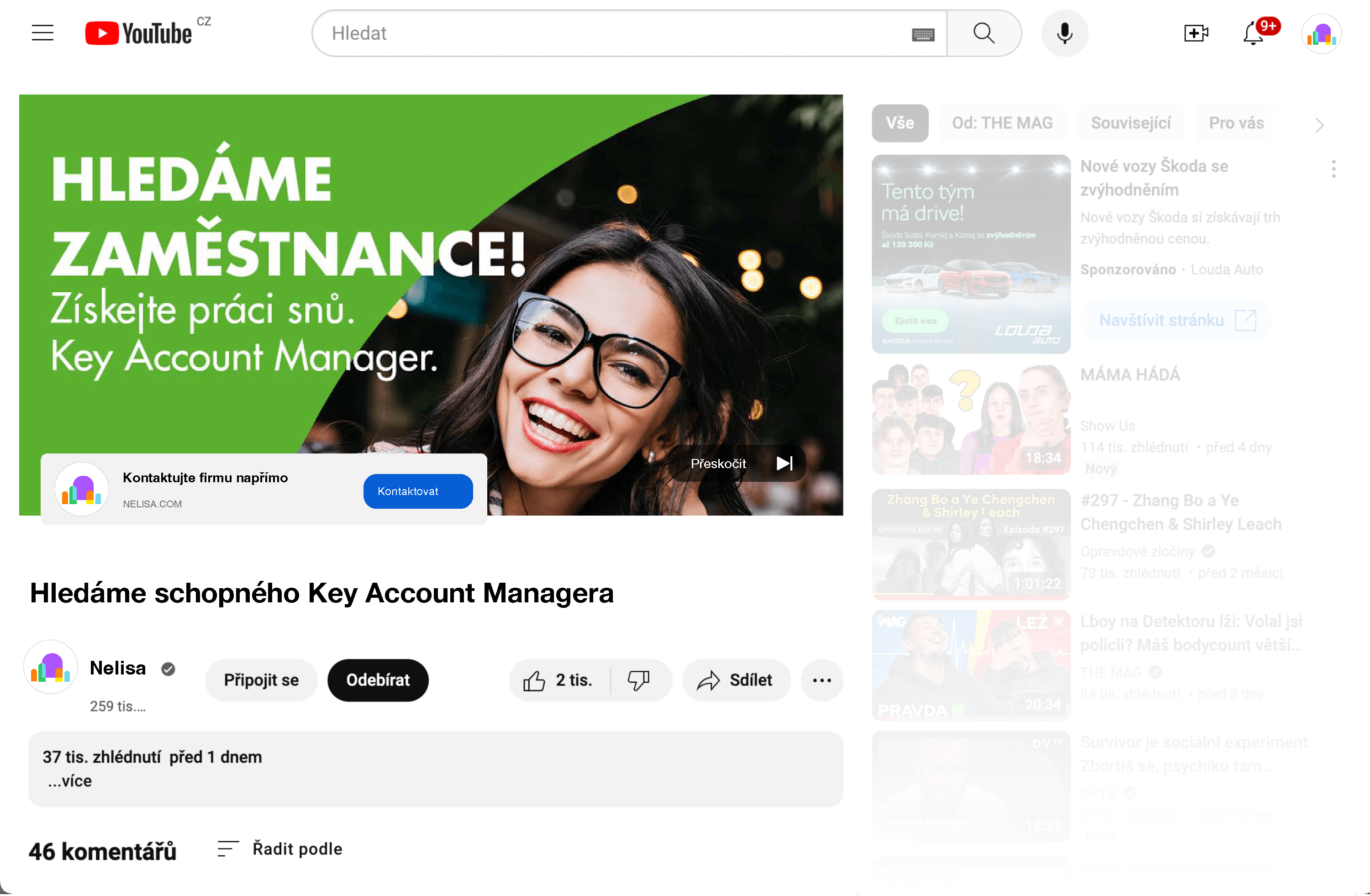 Ukážková náborová kampaň na YouTube – Key Account Manager