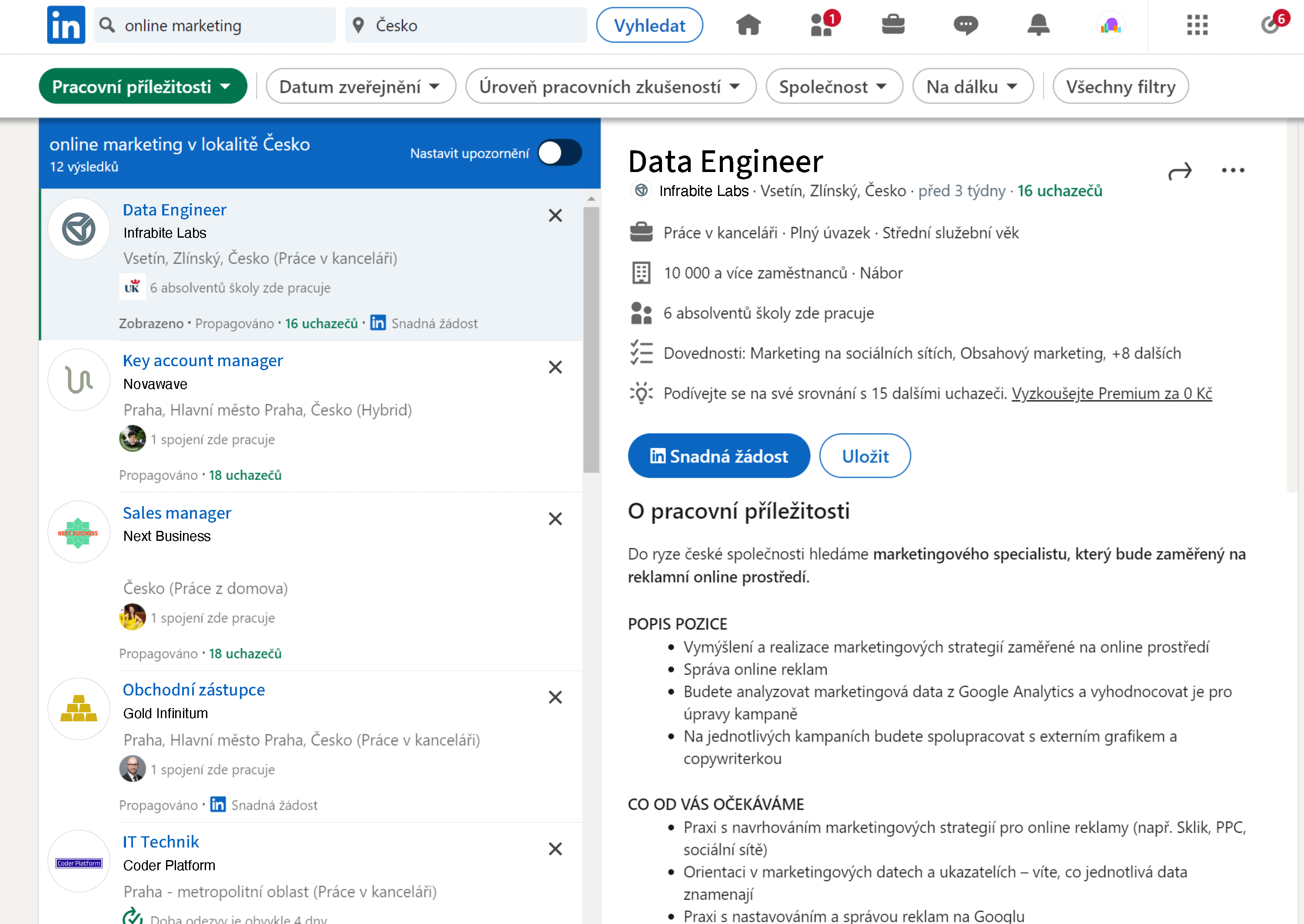 Ukážková náborová kampaň na LinkedIne – Data Engineer