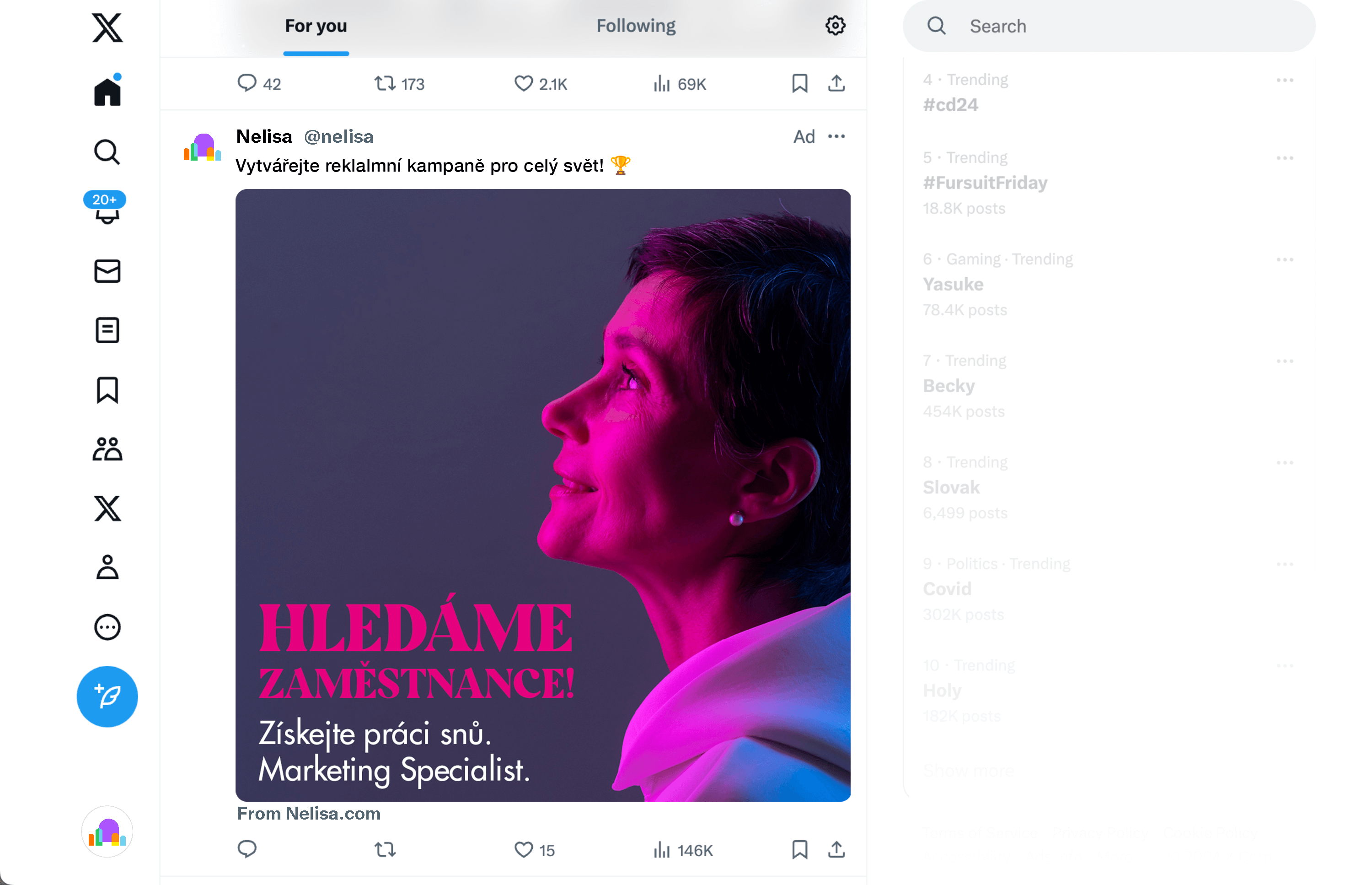 Ukážková náborová kampaň na X (Twitteri) – Marketing Specialist